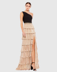 Black and Gold One-Shoulder Ruffle Tiered A-Line Gown