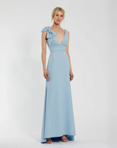 Blue Sleeveless V Neck Bow Detail Mermaid Gown