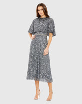 Gray Embellished Cape High Neck Midi Dress