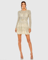 Ivory High Neck Long Sleeve A Line Mini Dress