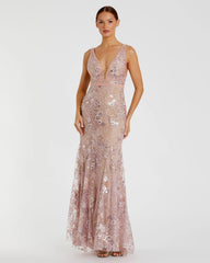 Pink Floral Embellished Sleeveless Plunge Neck Gown
