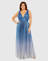 Blue V-Neck Ombre Pleated Gown