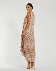 Pink Floral Sleeveless Trapeze Midi Dress for Women with Micro Ruffle Detail