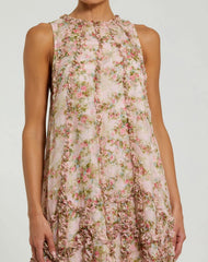 Pink Floral Sleeveless Trapeze Midi Dress for Women with Micro Ruffle Detail