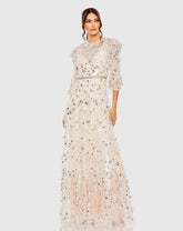 Pink Floral Applique Puff Sleeve High Neck A-Line Gown