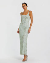 Green Scoop Neck Embellished Dress With Bow Detail