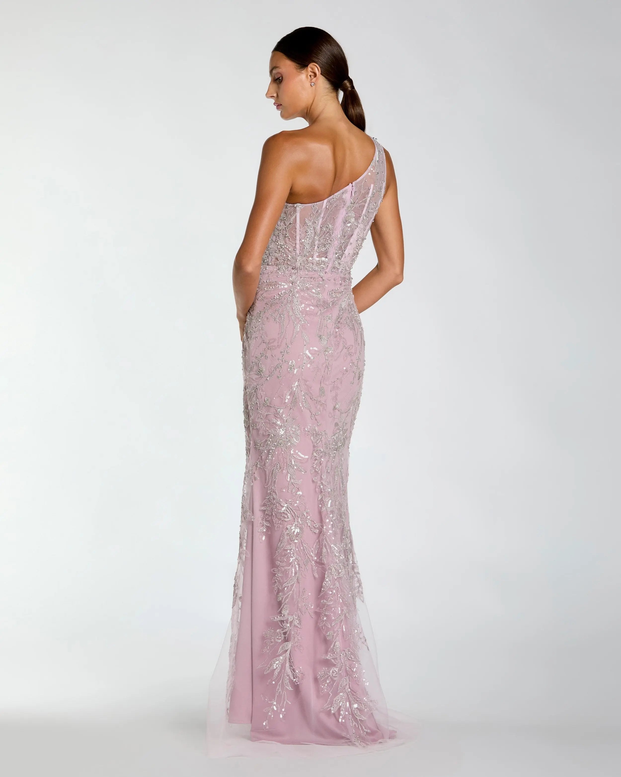 Purple One Shoulder Hand Embellished Evening Gown