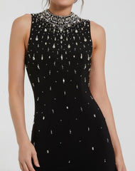 Black High Neck Sleeveless Beaded Jersey Fitted Gown