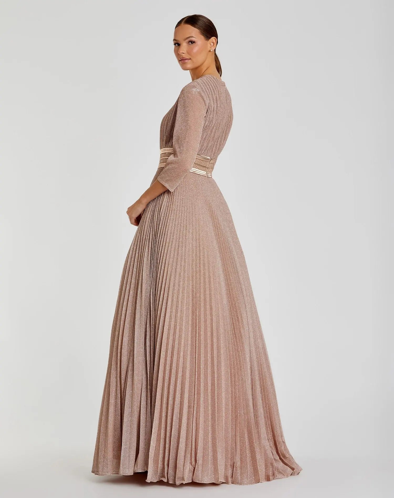 Pink Shimmering Pleated 3/4 Sleeve Ball Gown