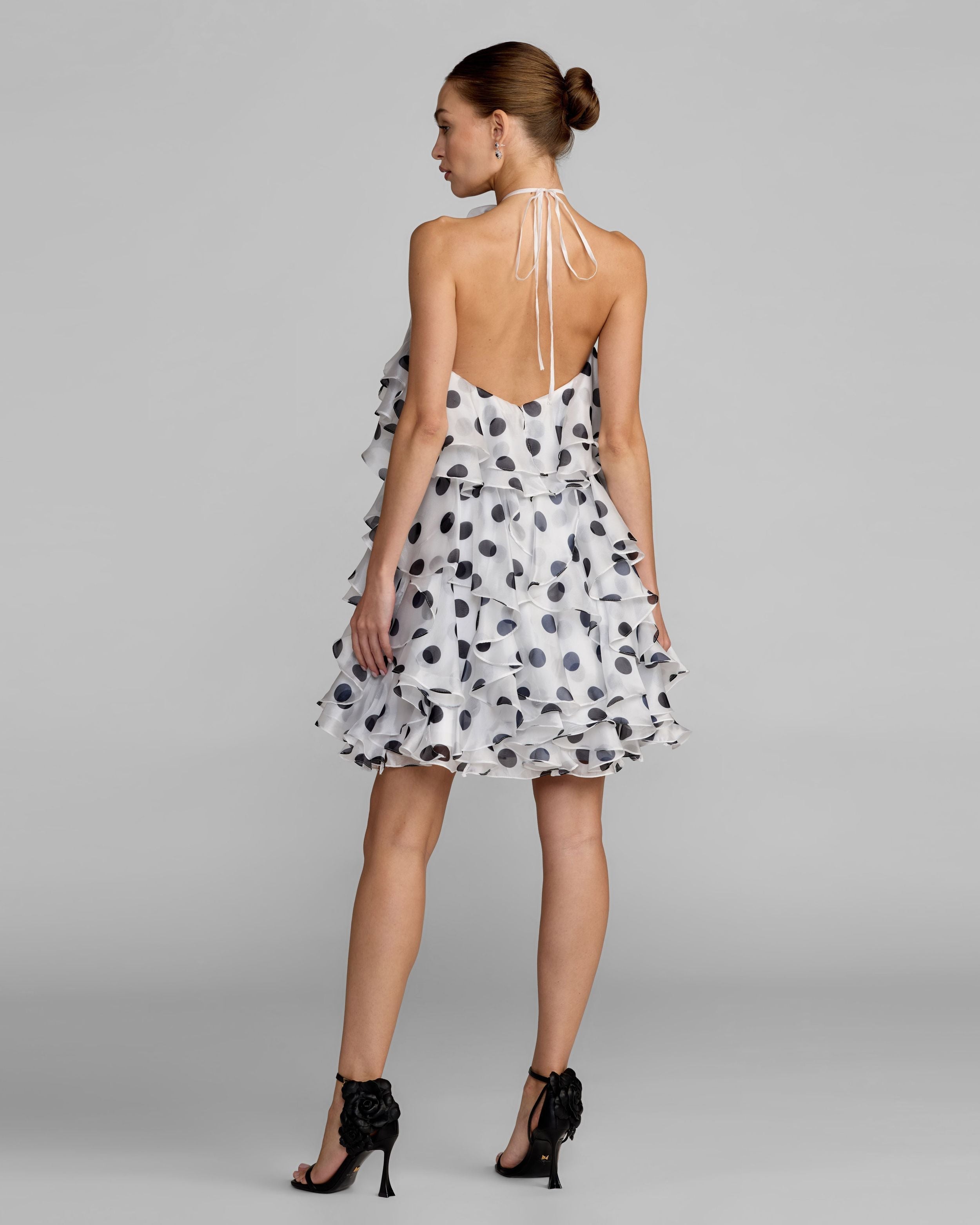 White Polka Dot Halter Neck Ruffle Mini Dress