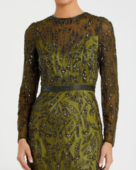Green Long Sleeve Beaded Evening Gown