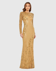 Gold Long Sleeve Beaded Evening Gown