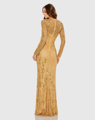 Gold Long Sleeve Beaded Evening Gown