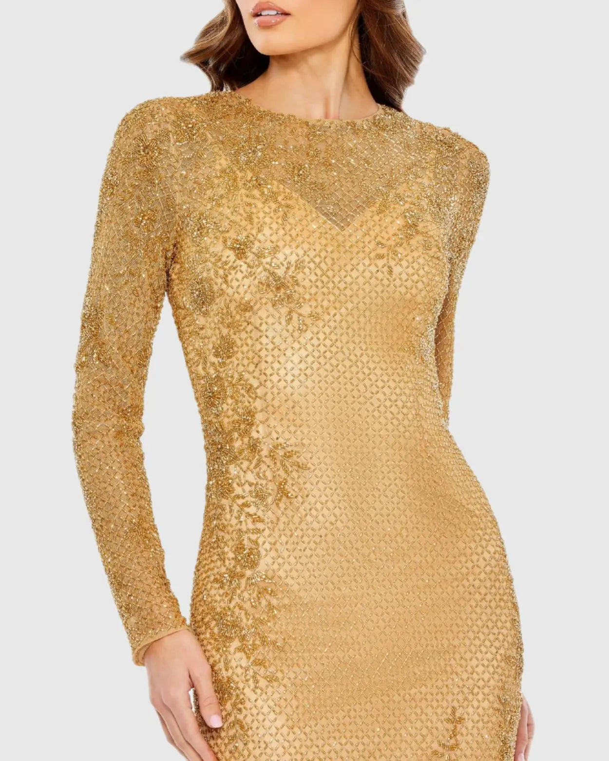 Gold Long Sleeve Beaded Evening Gown