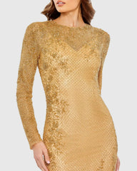 Gold Long Sleeve Beaded Evening Gown