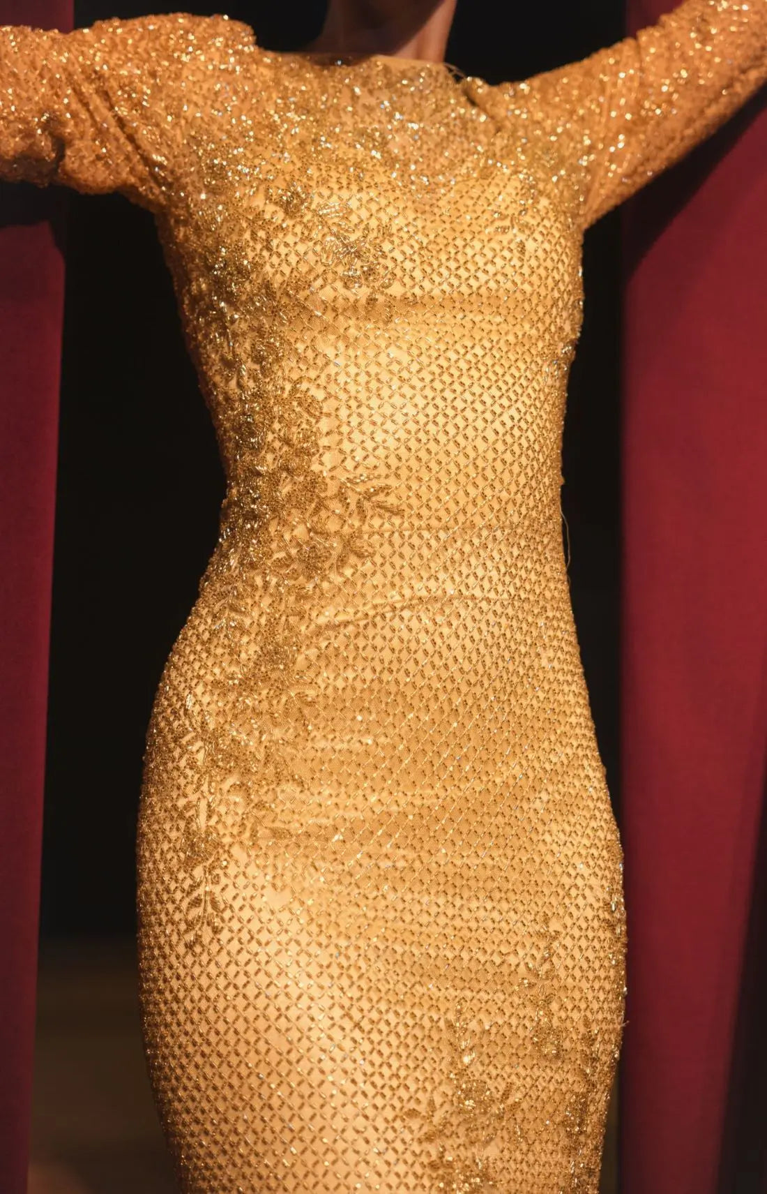 Gold Long Sleeve Beaded Evening Gown