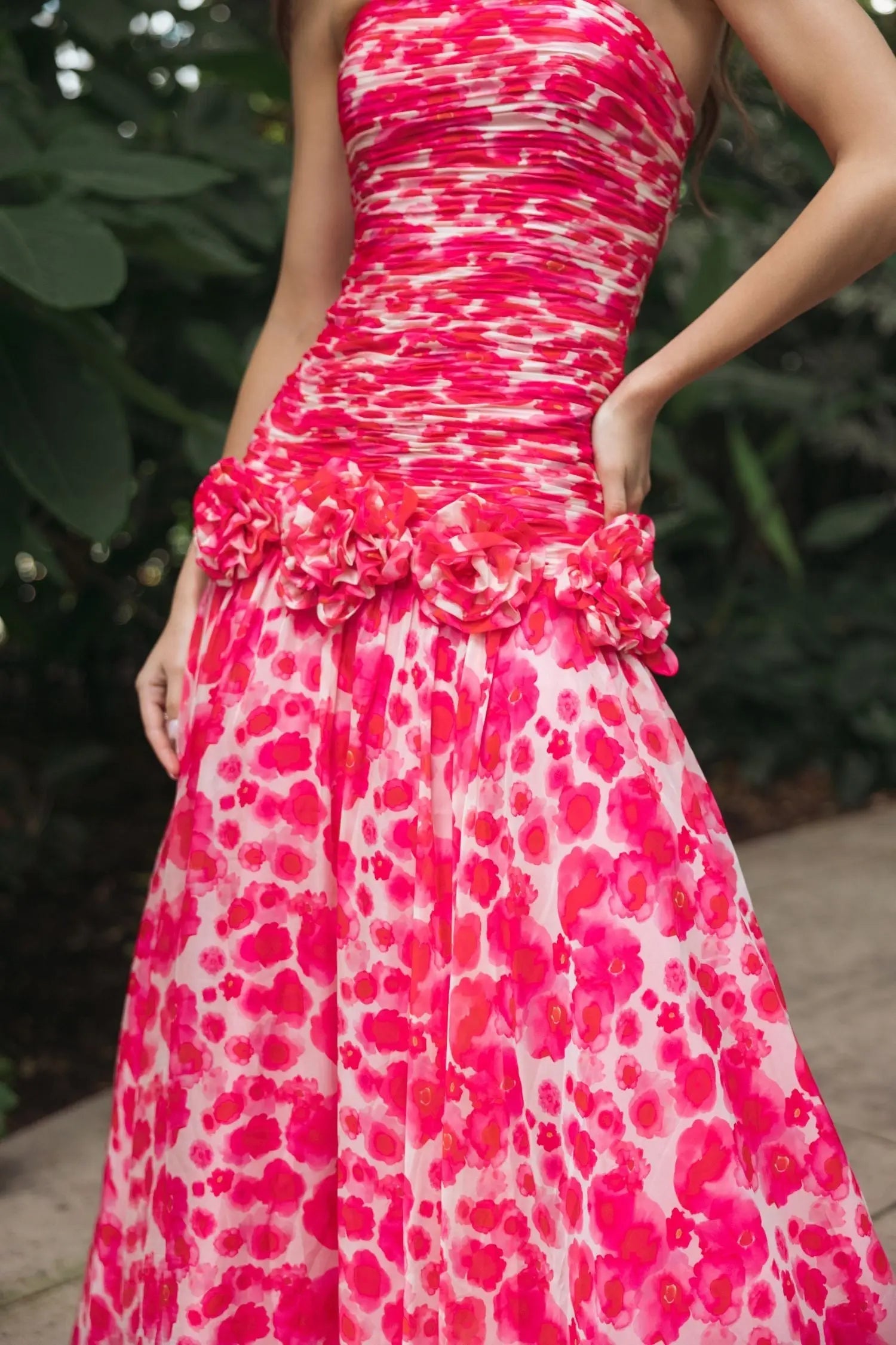Pink Strapless Chiffon Ball Gown With 3D Flowers