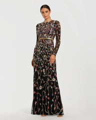 Black Embellished Mesh Long Sleeve Gown