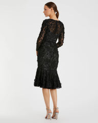 Black Floral Appliqué Long Sleeve Cocktail Dress