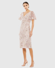 Pink Embellished Illusion Butterfly Sleeve Cocktail Dress