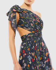 Navy Tied One Shoulder Cut-Out Flowy Gown