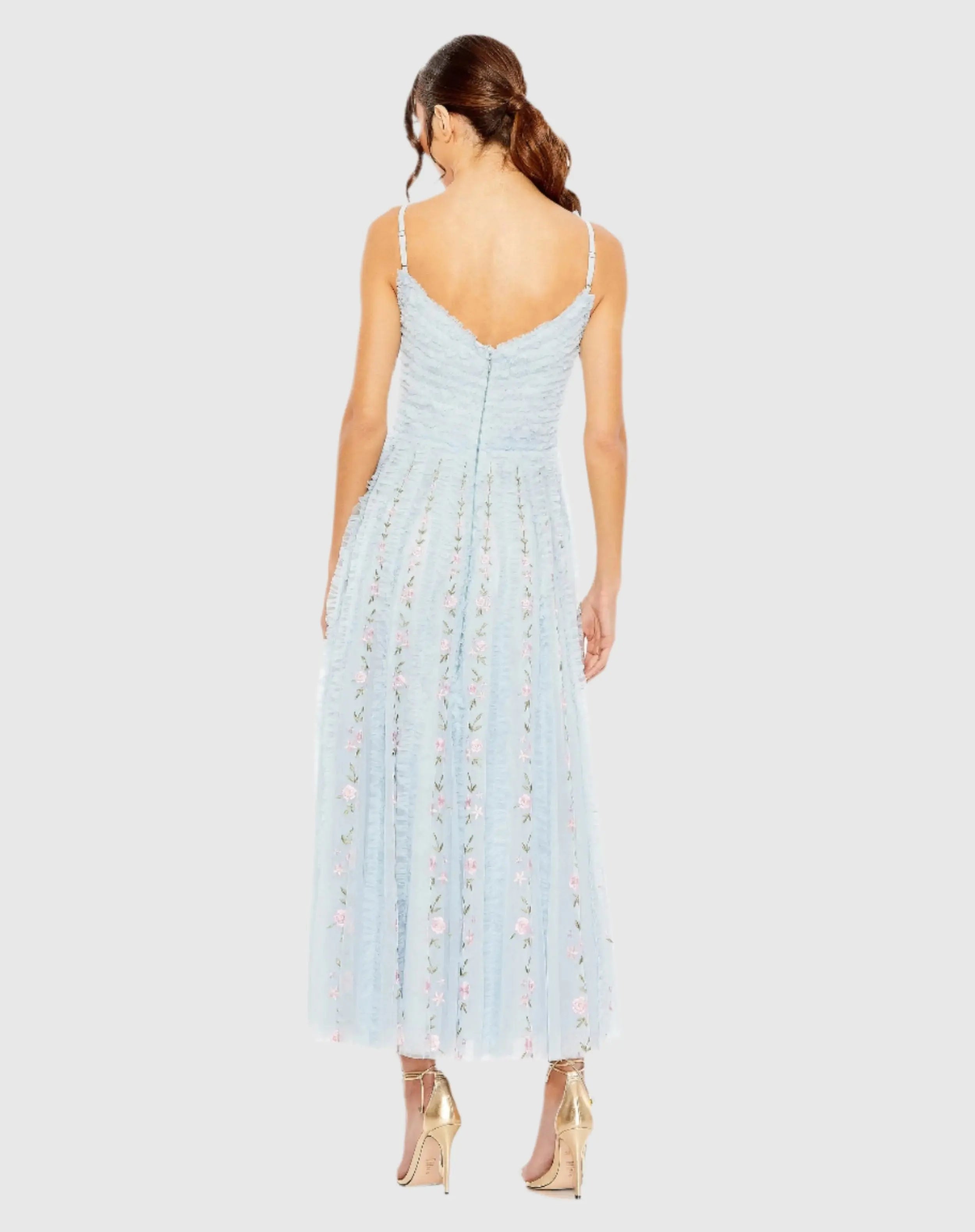 Blue Ruffle Floral Embroidered Detail Midi Dress