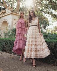 Pink Tiered Ruffle Halter Neck Midi Dress