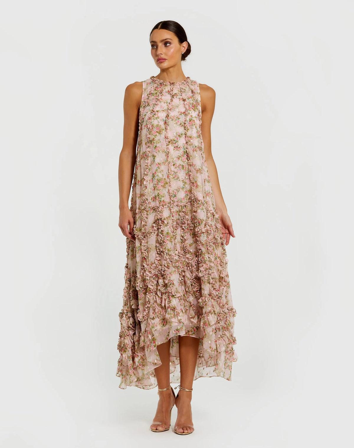Pink Floral Sleeveless Trapeze Midi Dress for Women with Micro Ruffle Detail