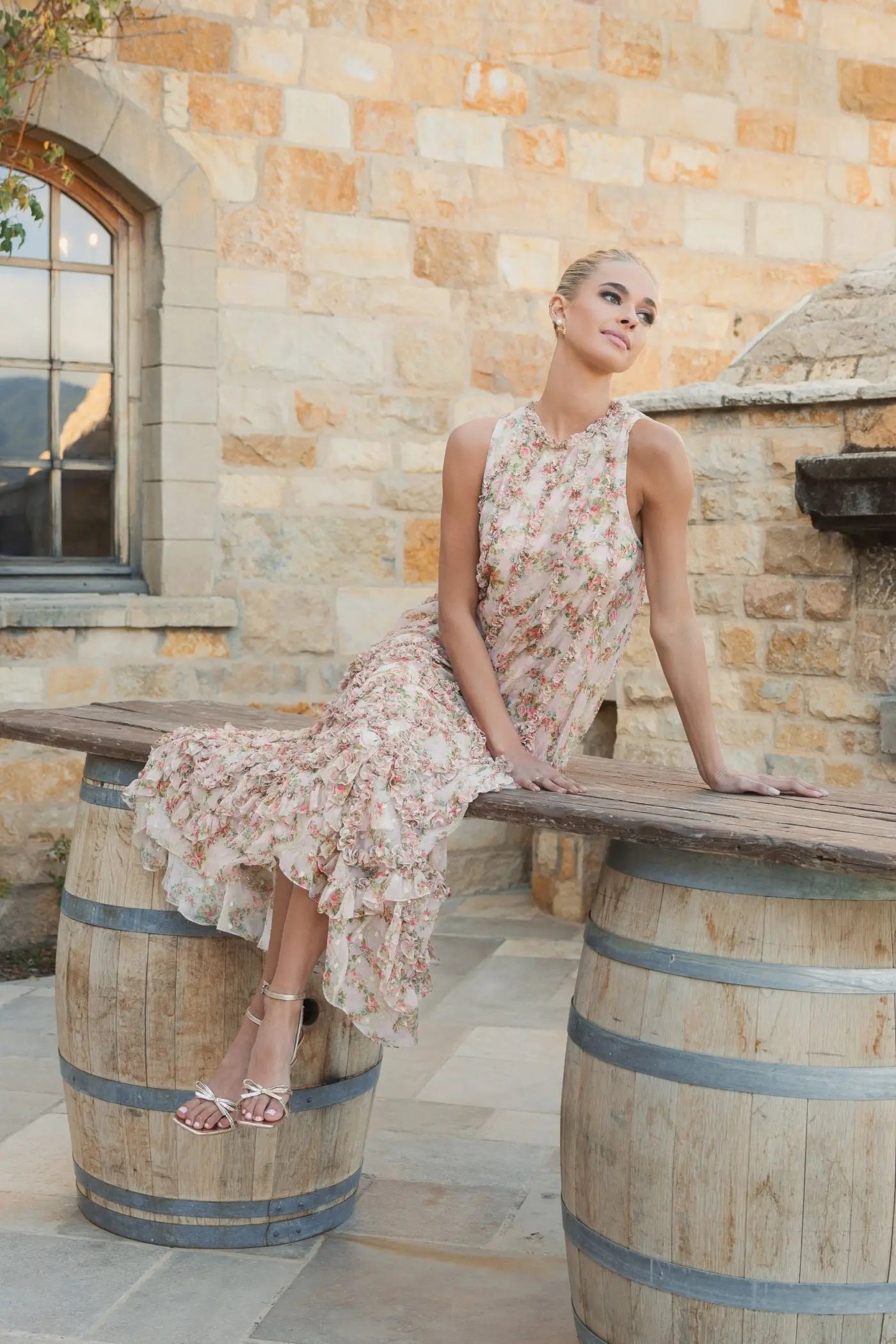 Pink Floral Sleeveless Trapeze Midi Dress for Women with Micro Ruffle Detail