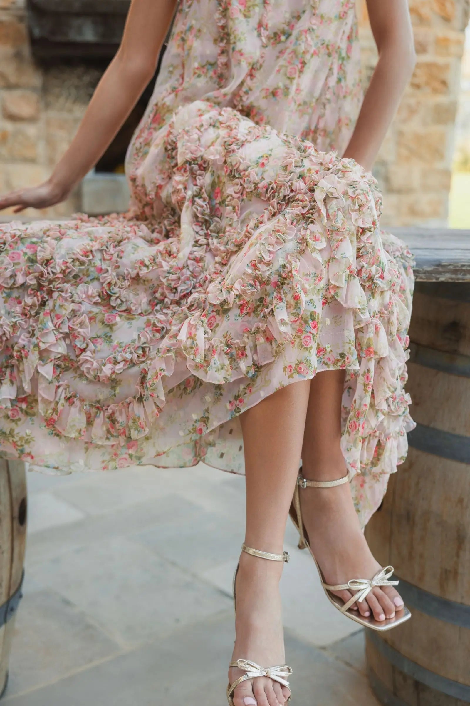 Pink Floral Sleeveless Trapeze Midi Dress for Women with Micro Ruffle Detail