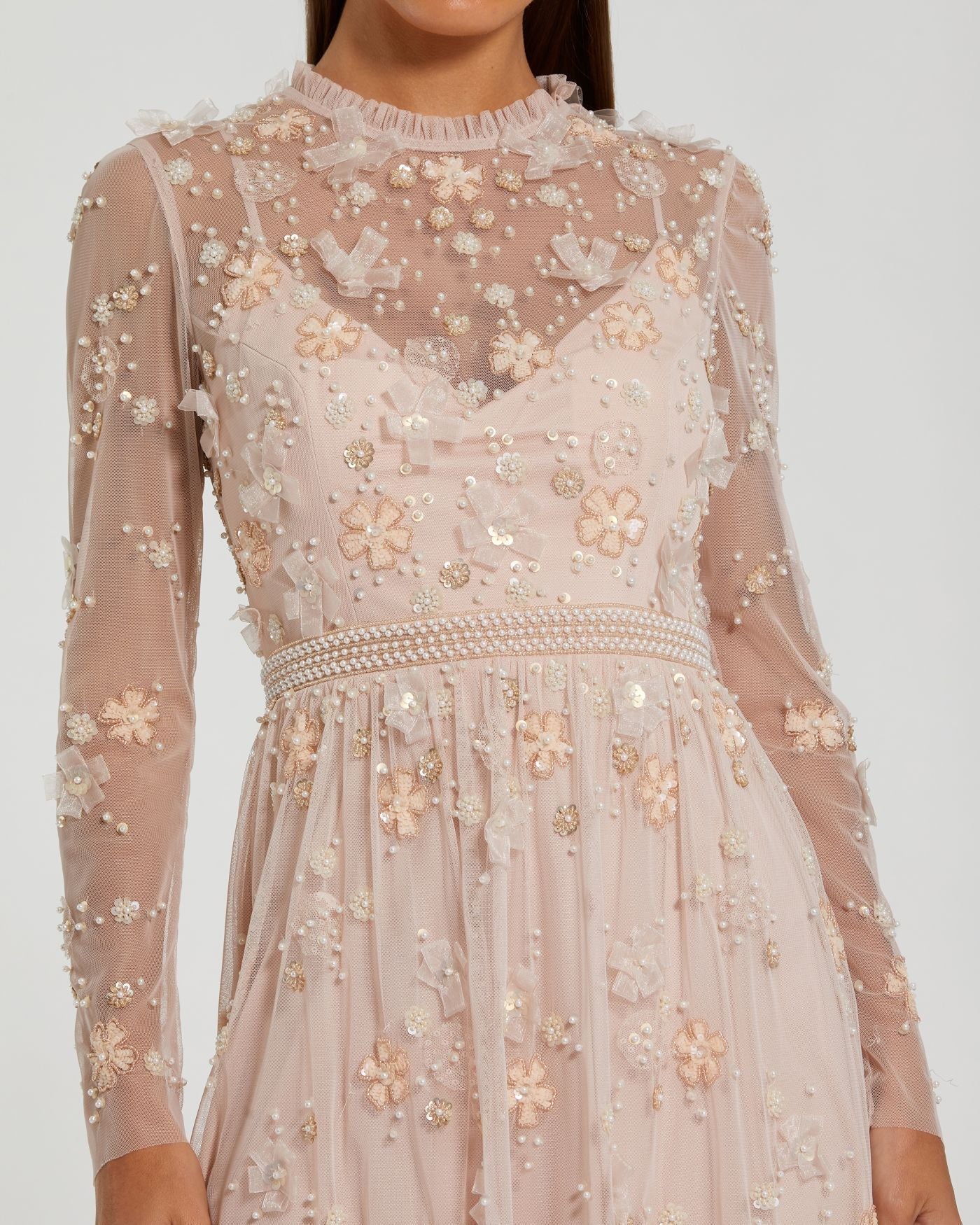Light Pink Sheer Long Sleeve Embellished Mini Dress