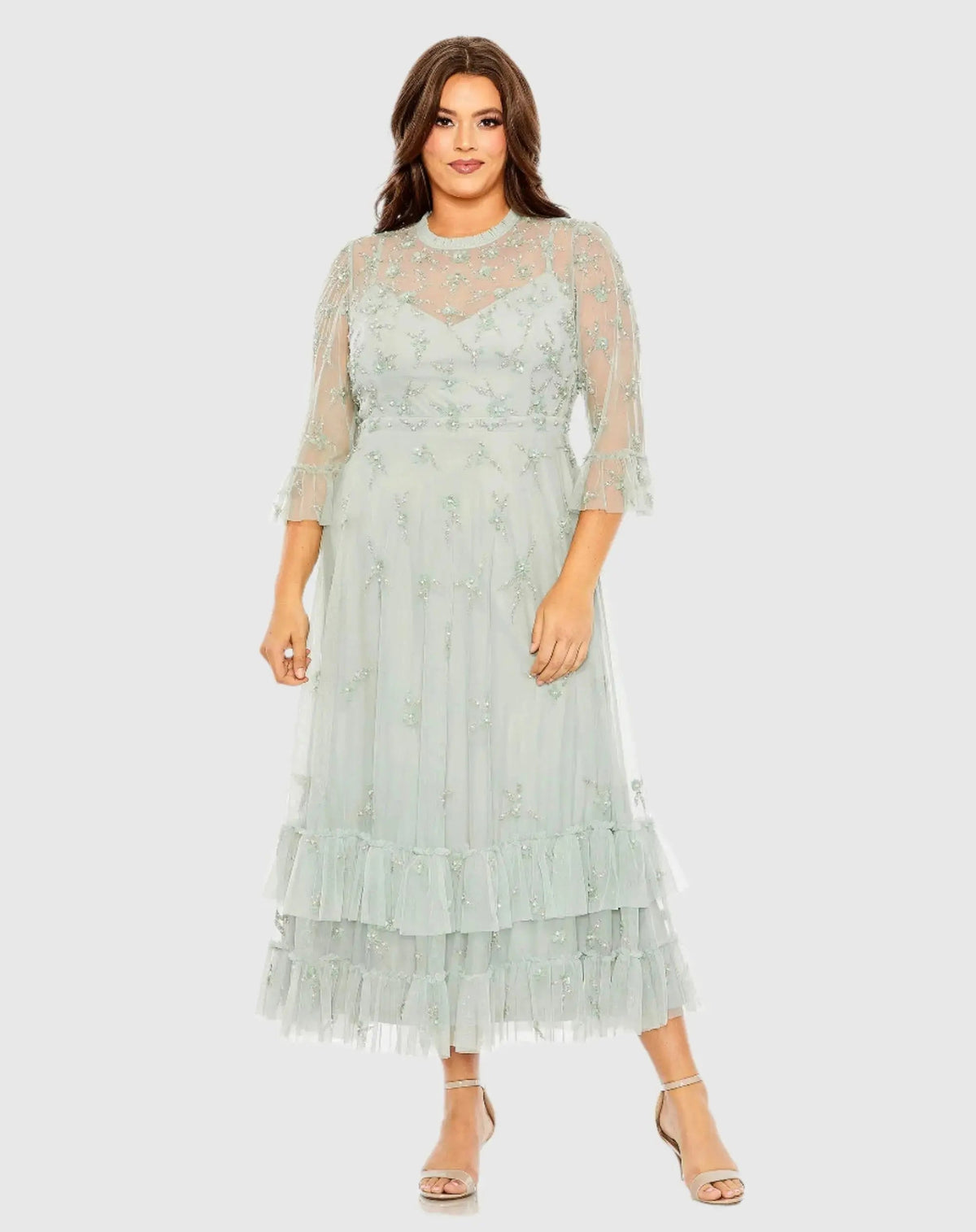 Embellished High Neck Sage Green Dress (Plus)