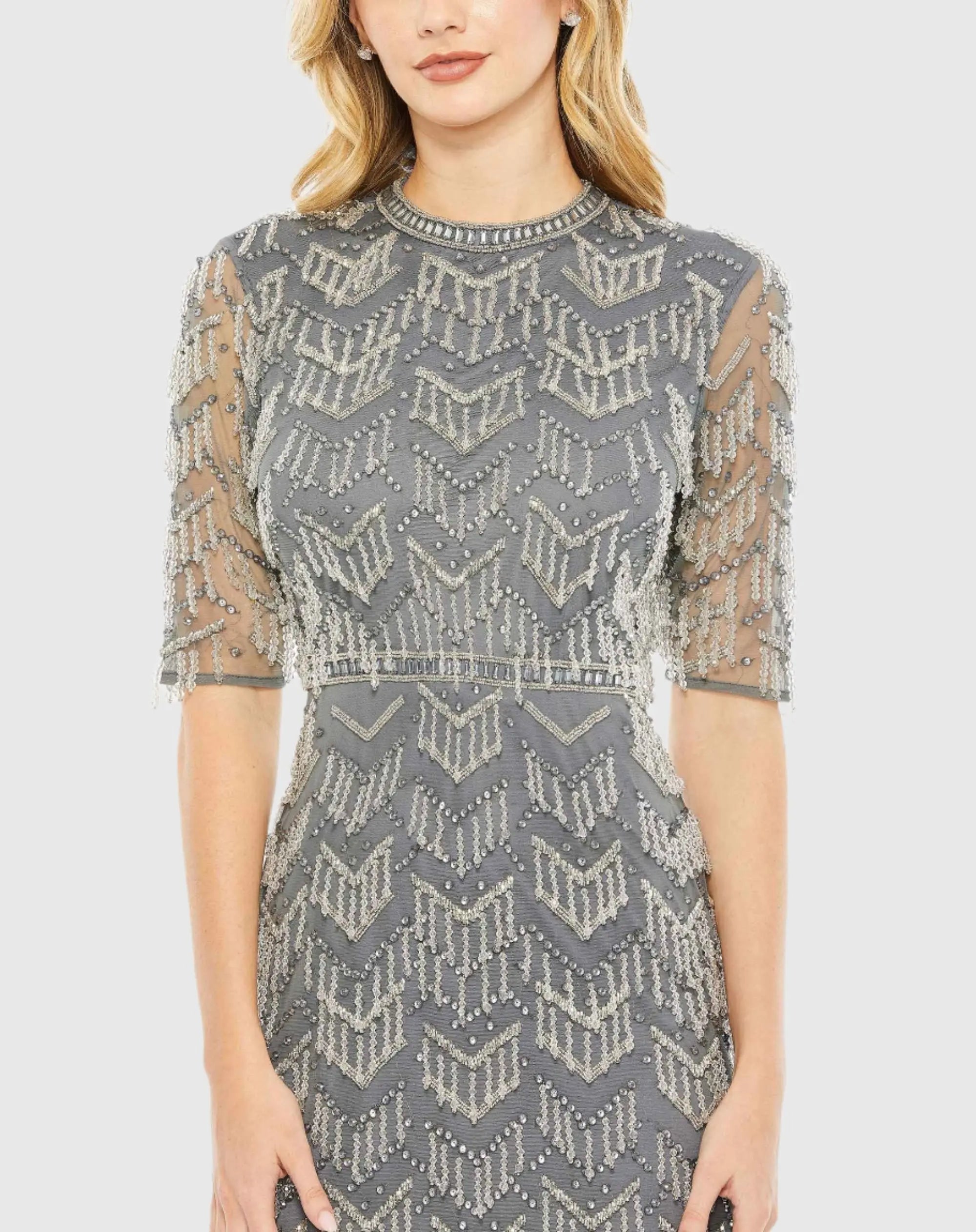 Gray Beaded Fringe Quarter Sleeve Column Gown