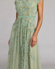 Green Floral Embellished Cap Sleeve Midi Dress