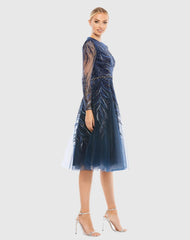 Navy Embellished Tea-Length Illusion Cocktail Dress